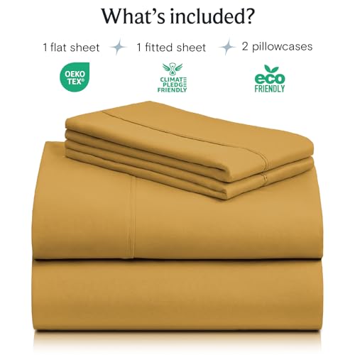 Image of LuxClub 4 PC Queen Sheet Set, Breathable Luxury Bed Sheets, Deep Pockets 18 inch Wrinkle Free Cooling Sheets Machine Washable Hotel Bedding Silky Soft - Medallion Gold Queen