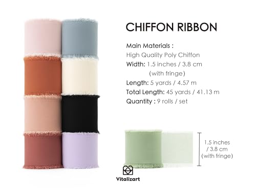 Vitalizart Chiffon Ribbon Mixed 9 Colours 1.5'' x 45 Yd, Fabric Silky Ribbons 9 Rolls 1.5'' x 5 Yd - Image 2