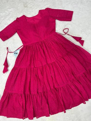 Image of Her Couture Cotton Midi Schiffli Embroidered Dress with Attached Belt