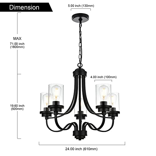Melucee 5-Light Farmhouse Chandelier Traditional Black Light Fixture Ceiling Hanging Adjustable Metal Industrial Pendant Lighting For Kitchen Island Dining Room Living Room, Clear Glass Shade #TOP2