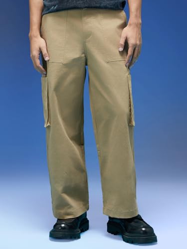 Image of Veirdo Baggy Fit with Button Closure Solid Lycra Woven Cargo Pants for Men (Colors: Beige, Black, Brown, Grey, Navy & Olive)
