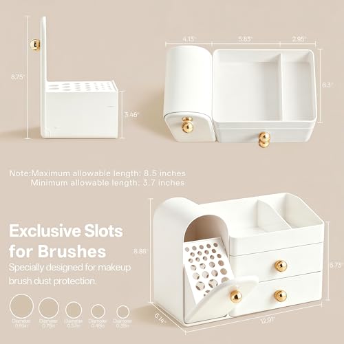 Image of HBlife Makeup Organizer Countertop with Drawers, Vanity Organizers with Brush Holder, Bathroom Counter Organizer for Perfume, Nail Polishes, Lipsticks, Skincare and Eyeshadow Palettes, White