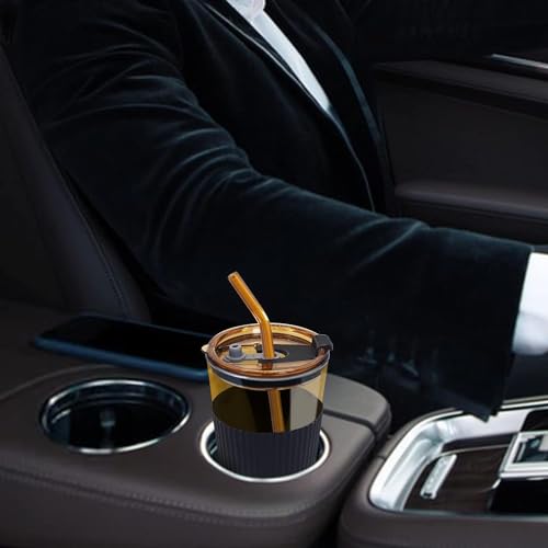 Image of ANKUL Modern Glass with Leather Sleeve Tumbler with Straw, Lid & Grip - 450ml Reusable Cup for Coffee, Smoothies, Juice (1, Long Lather Grey Tumbler)