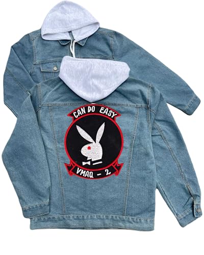 vmaq 2 embroidered patch hood jean jacket can do easy playboy bunny Blue