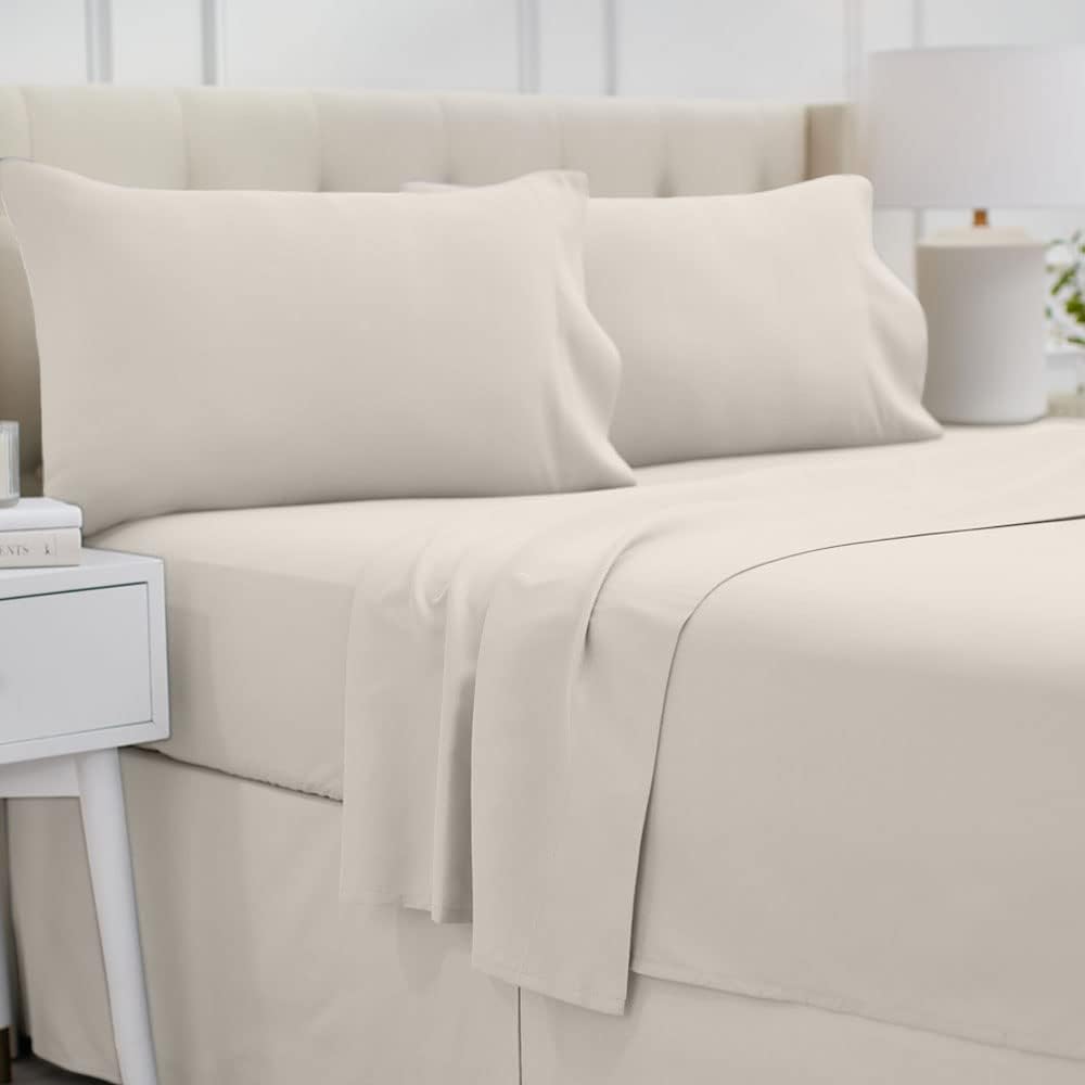 lalaLOOM Luxury Full 4 Piece Sheet Set, Soft Microfiber, Extra Deep Pocket Pillowcases Sets, Breathable Linen Bed Sheets, Hotel Quality Bedding, Wrinkle Stain and Fade Resistant, Cream