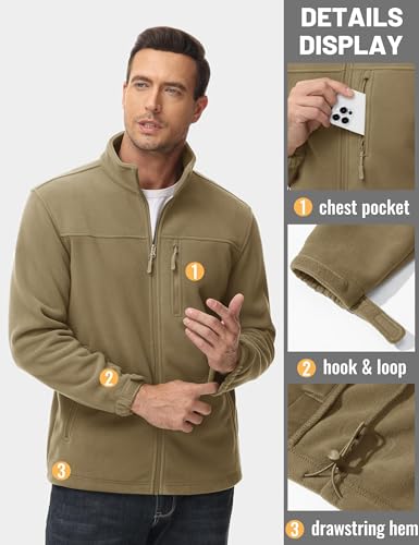 TACVASEN Men's Softshell Fleece Work Jacket, Full Zip, Khaki, Size S - Image 4
