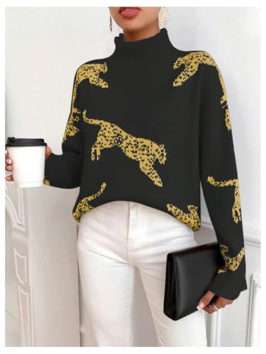 Image of WDIRARA Women's Leopard Tiger Print Sweater High Neck Long Sleeve Fuzzy Knitted Pullover Top