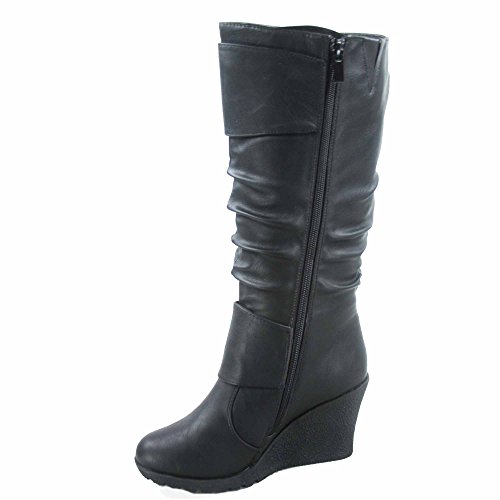 TOP Moda Pure-65 Women's Fashion Round Toe Slouch Buckle Wedge Mid Calf Boot Shoes2