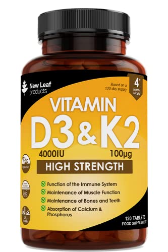 Vitamin D3 K2 - Vitamin D3 4000iu & Vitamin K2 100ug (MK7) 4 Months Supply, Supports Immunity, Calcium Absorption and Bone Health, Non-GMO, UK Made by New Leaf 120 Micro Small Vegetarian Tablets,