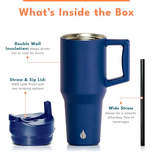 Image of Elemental 100% Leak Proof 32oz Tumbler with Handle & Straw Travel Mug | Stainless Steel Double Wall Insulated Tumbler for Hot and Cold Beverages with Sip & Straw Lid