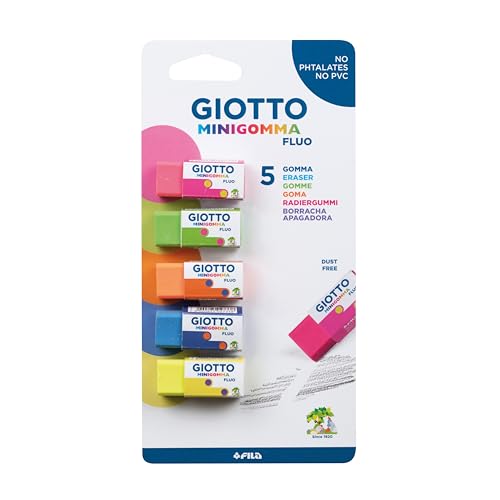 Giotto- Set 5 Mini gomme Fluo, Colore Neon, 025200