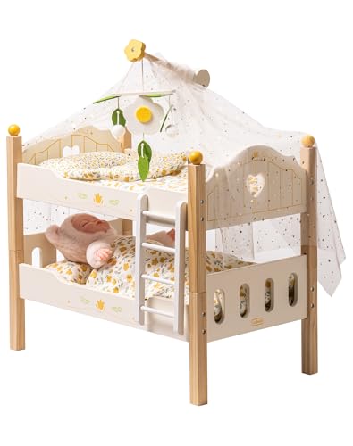 ROBUD Puppenbett für Puppen Puppen Zubehör Holz Etagenbett Stapelbares & Abnehmbares Puppenwiege Puppen Bett für 43 cm Puppen mit Puppenbettwäsche Mädchen Geschenk Spielzeug für Kinder (Gelb)