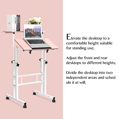 Siducal Mobile Stand Up Desk, Adjustable Laptop Desk With Wheels Home Office Workstation, Rolling Table Laptop Cart For Standing Or Sitting, Pink #TOP4
