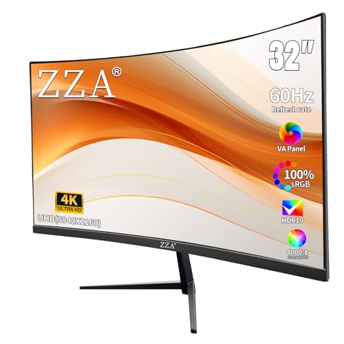 ZZA 32 Inch 4K 1500R Computer Monitor, UHD (3840 x 2160) 60Hz Ultra-Clear Screen, 100% sRGB,Eye Care Screen with HDMI, DisplayPort for Home and Office, VESA(100x100mm)