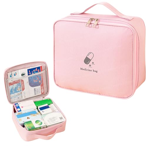Image of FunBlast Travel First Aid Bag - Medical Portable Medicine Storage Bag, Waterproof Pill Organizer with Mesh Pocket, Zippered Medicines Bag for School, Travel, Camping (Pink)