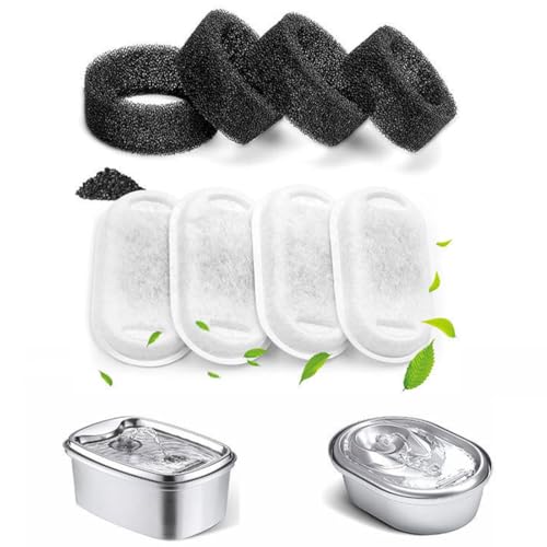 Pet Fountain Filters, 4 Filtros de Carbón y 4 Esponjas de Espuma, Filtros De Fuente para Gatos, Filtros de Fuente para Gatos de Triple Filtración, para 3,2L/2L Fuentes Acero Inoxidable