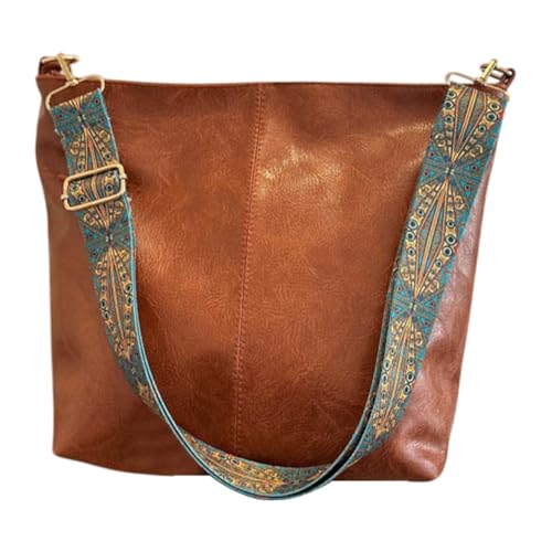 Hobo Crossbody Bag for Women Vegan PU Leather Shoulder Purses Brown Stylish Wide Guitar Strap Tote Bucket Bag with Zipper for Working, Shopping, Traveling, Daily Use, Gifts