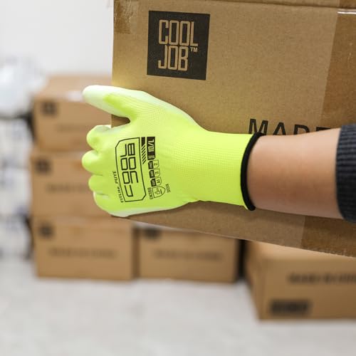 Image of COOLJOB 12 /60 Pairs Safety Work Gloves Pack Bulk with Grip PU Coating, 13 Gauge Seamless Knit Gloves with Polyurethane Dipped for Warehouse Working, Breathable Lightweight for Men Women, Yellow Large