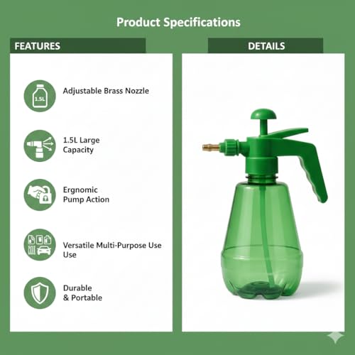 Image of SJ Organics Hand Pressure Garden Sprayer Pump | 1.5 Litre Capacity | Adjustable Brass Nozzle (Jet & Mist) | Manual Sprayer for Plants, Gardening, Cleaning & Pest Control (Multicolor)