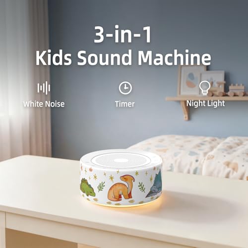 Image of Kipcush White Noise Machine for Baby & Adults, 30 Soothing Sounds, Soft Non-Glare Nursery Lamp, 8 Color Night Lights, Memory Function (New Orange /Dinosaur, Standard)