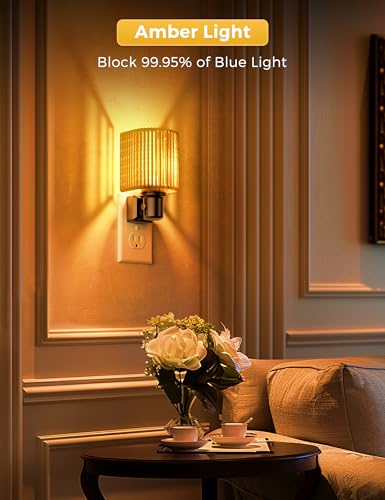 Image of L LOHAS LED Amber Night Lights Plug into Wall, Boho Nightlight Plug in | Dimmable Night Light, Light Sensor, Decorative Bohemian Nightlights Yellow Light, Bedroom Kitchen Hallway Living Room, 2 Pack