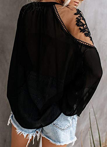 Asvivid Crochet Lace V Neck Tops For Women Work Casual Plus Size Lantern Sleeve Shirts Black Chiffon Blouses Flowy T-Shirt Xl #TOP1