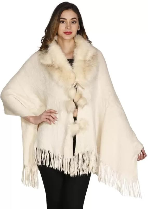 Manra Women's Solid Faux Fur Collar Shawl Stole Warm Cape for Winters (SC 16)-image-26