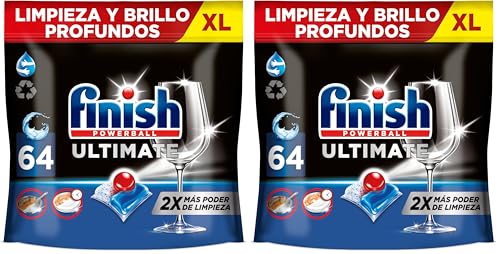 Finish Powerball Ultimate All in 1 Pastillas para el lavavajillas, eficaz contra manchas resecas, 64 pastillas (Paquete de 2)