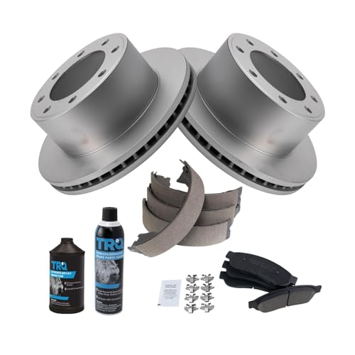 Image of TRQ Rear Brake Pad & Rotor Kit, with Chemical Kit Parking Brake Shoe Set Ceramic Premium G-Coated Compatible with 2011-2012 Ford F-250 Super Duty F-350 Super Duty