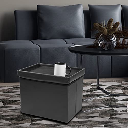 Image of ALASDO Storage Ottoman Footrest Stool Small Ottoman with Storage Foldable Ottoman Leather Foot Rest Footstool Bench for Living Room 17x13x13inches Black