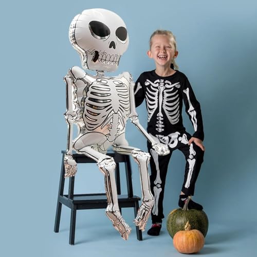 Image of AMFIN (Pack of 1) Halloween Skeleton Foil Balloon - 52 Inch Giant Skeleton Balloon Decoration | Scary Halloween Party Supplies - Black & White