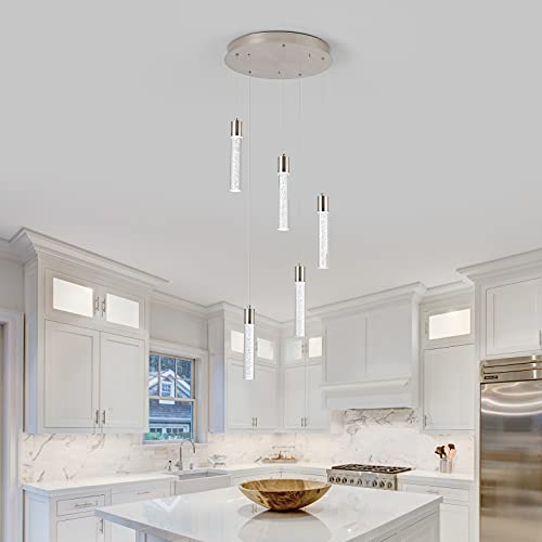 Image of 5-Light Modern Integrated Crystal Pendant Light for Kitchen Island
