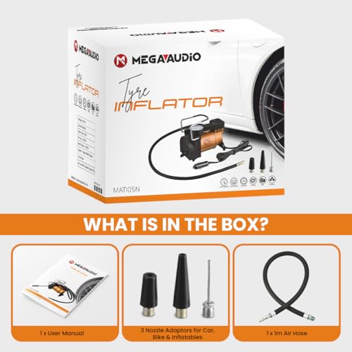 Image of MEGAAUDIO 12V DC Portable 2-In-1 Car Tyre Inflator & Air Compressor | 150 PSI Analog Pressure Gauge | 30LPM Air Flow | Durable Metal Body | 3M Power Cord & Cigarette Lighter Plug for Car,Bike & SUVs