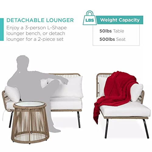 Image of DEVOKO 3 Piece Patio Conversation Set L-Shaped Sectional Sofa with Thick Cushions and Glass Top Coffee Table for Garden, Pool, Balcony (Beige & White)