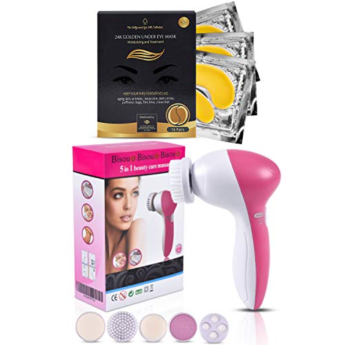 24K Gold Under Eye Mask - 16 Pairs Including 5 in 1 Facial Cleaning Brush
