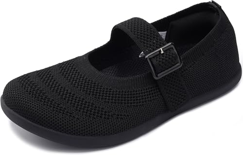 WHITIN Girls Barefoot Mary Jane Flats – Wide Toe Box, Black Kids Shoes