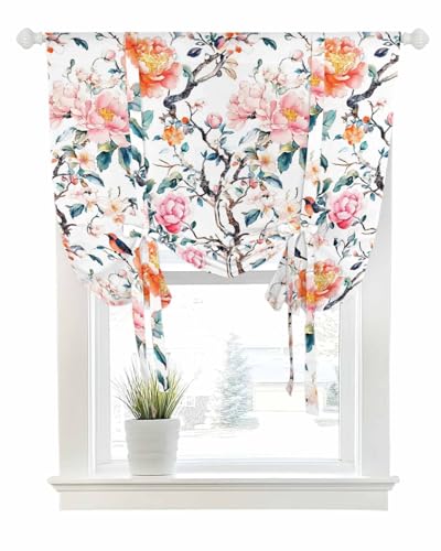 Tie Up Curtains for Windows Country Watercolor Flowers Rod Pocket Tie-Up Window Shade Adjustable Balloon Curtain Valance Farm Bird Floral for Bedroom Kitchen Bathroom Blinds,34x45in