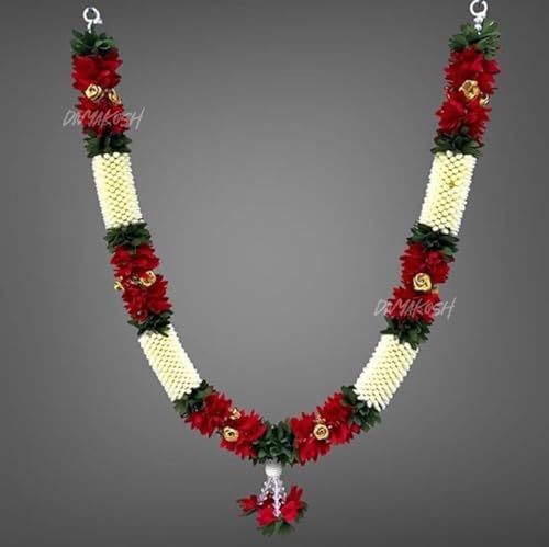 Image of Divyakosh Artificial Wedding Garland for Bride & Groom, Red & White Floral Jaimala /Varmala with Decorative Golden Touch - Durable Reusable Marriage Garland