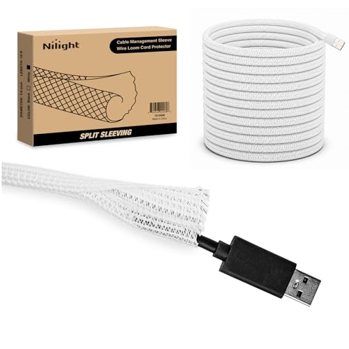 Nilight Cable Sleeve 10ft-1/4inch Cord Management Sleeves Braided Sleeving Split Self Wrapping Wire Loom for Computer Electrical Automotive Harness Protector Organizer White