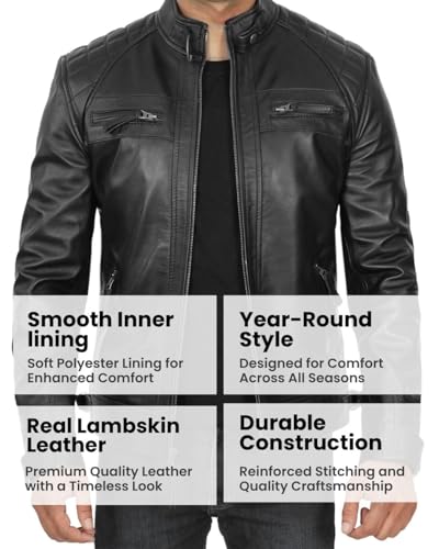Image of Blingsoul Men's Leather Motorcycle Style Jacket - Quilted Cafe Racer Biker Style Jacket for Men