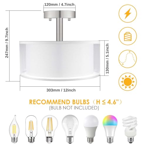 FOLKSMATE 3-Light Semi Flush Mount Ceiling Light Fixture, Drum Light with Double Fabric Shade, Modern Close to Ceiling Lamps for Dining Room Kitchen - Image 3