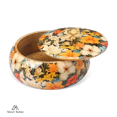 Image of Handcrafted Premium Wooden Roti Casserole - 9 x 9 x 4 Inches | Hot Roti Case & Chapati Box For Kitchen & Dining | Chapati Serving Hotbox Serveware With Gold Embossed Knob