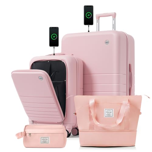 Image of 4-Piece Luggage Set, Suitcase with TSA Lock Travel Duffel Bag Wet-Dry Toiletry Bag, Pink Front-Opening