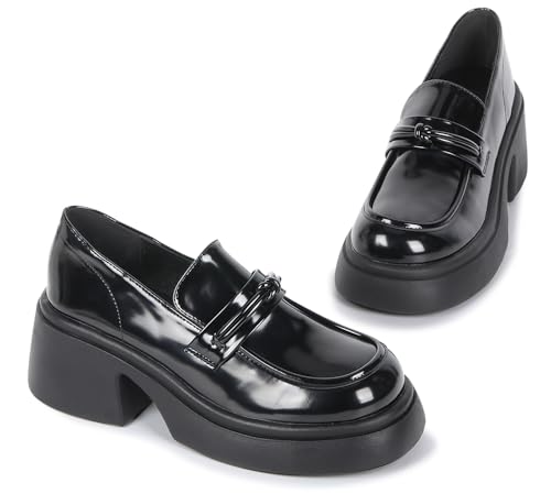 Image of Platform Oxfords Shoes for Women,Chunky Heel Work Shoes Comfort Black Loafers Shoes,shine black 7.5, Grey