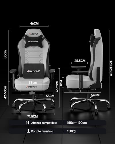 C3 Sedia da Gaming Ergonomica | Gaming Chair con Braccioli 2D, Poggiapiedi, Poggiatesta & Cuscino Lombare | Portata 150?kg | Tessuto Confortevole (Grigio) - Sedia gaming - Immagine 1