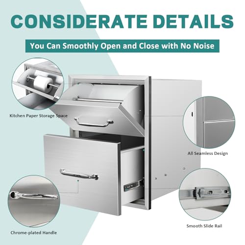 Image of Outdoor Kitchen Drawers with Paper Towel Holder 16 inch W x 20 inchH x 20 inchD Stainless Steel Paper Towel Drawer Flush Mount Access Drawers for Outdoor Kitchen Island, Patio Grill Station
