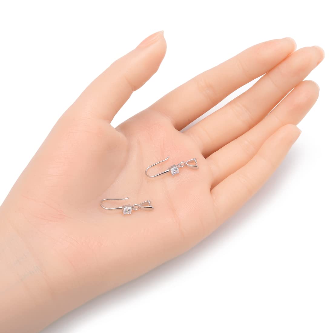 4pcs Sterling Silver Earring Hooks With 3 Created Diamonds - Dangle Ear Wires For Jewelry Making (SS446)