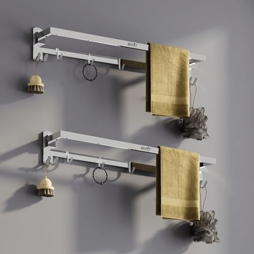 Image of Gloxy Premium Folding Towel Rod for Bathroom Combo Pack of 2 - Chrome Finish Rust Resistant 24 Inch Stainless Steel Bathroom Hangers for Clothes -Home Decor Towel Holder in Bathroom Fittings Accessory