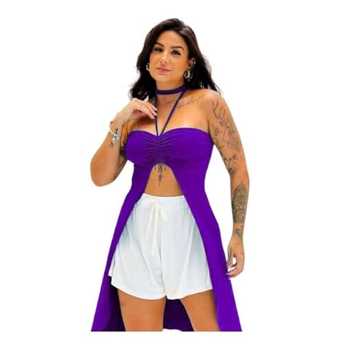 Blusa Bata Bianca Tendência da Moda Alongada Com Alça Roxa
