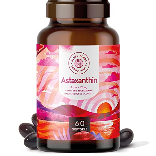 Astaxanthin High Strength 12mg - Antioxidant Supplements - Super Antioxidant Haematococcus Pluvialis - 60 Vegan Depot Softgels – Optimised Bioavailability - GMO Free - Alpha Foods